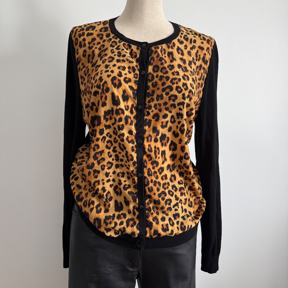 Alfred Sung - Black and Leopard Print Button Down Cardigan